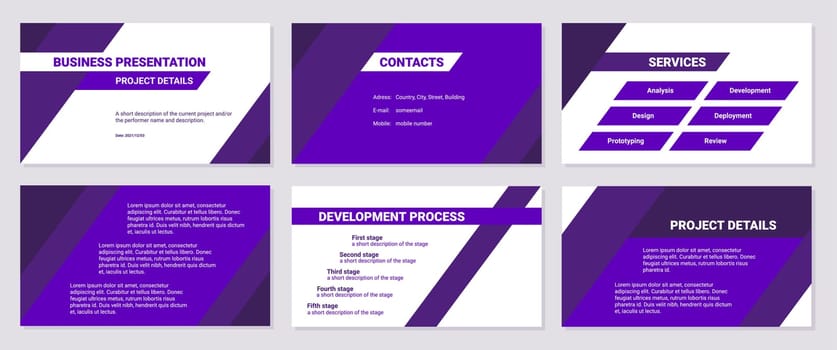 Business presentation design 6 purple slides template. Contacts, services, development process and project details.