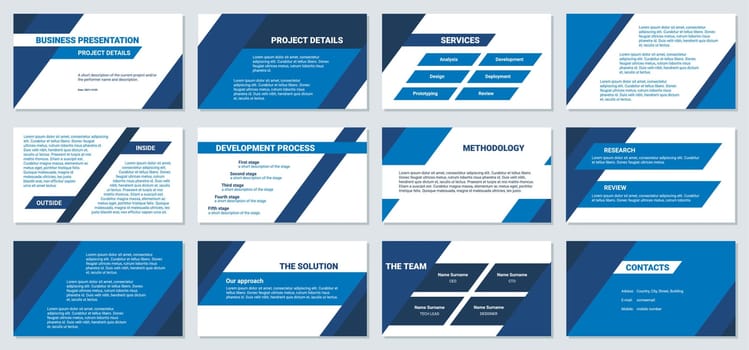 Business presentation design template. Modern corporate document, 12 slides.