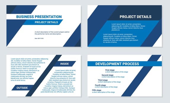 Business presentation design template. Modern corporate document, 4 slides.