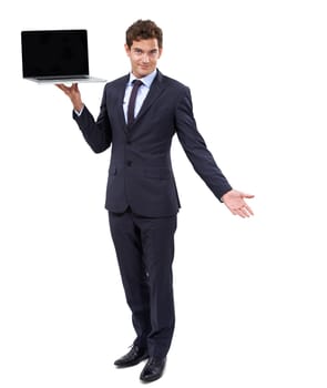 Your business online. A handsome young businessman displaying a laptop against white background.
