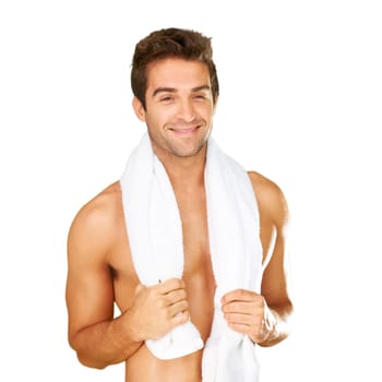 My work out routine. Studio shot of a handsome bare-chested man with a towel isolated on white.