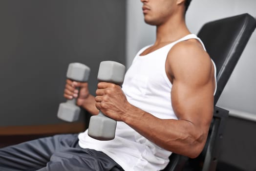 Building bulging biceps. Side view of a muscular man lifting dumbbells.