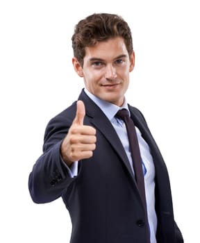 Youve got it. Studio shot of a well dressed businessman giving you thumbs up against a white background.