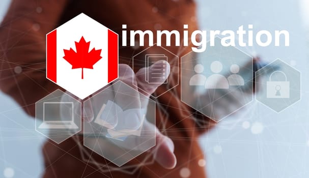Concept of immigration to Canada with virtual button pressing