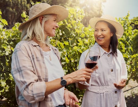 Two smiling women standing together and holding wineglasses on vineyard. Happy friends bonding during wine tasting on farm during weekend. Caucasian and mixed race woman enjoying red wine and alcohol