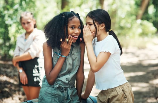 Not everyone is having fun. two teenage girls gossiping about their friend at summer camp.