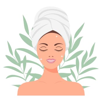Facial skin care. A woman takes care of her skin. Cosmetic masks, patches, cream, lotion, soap, face scrub. Illustration, vector