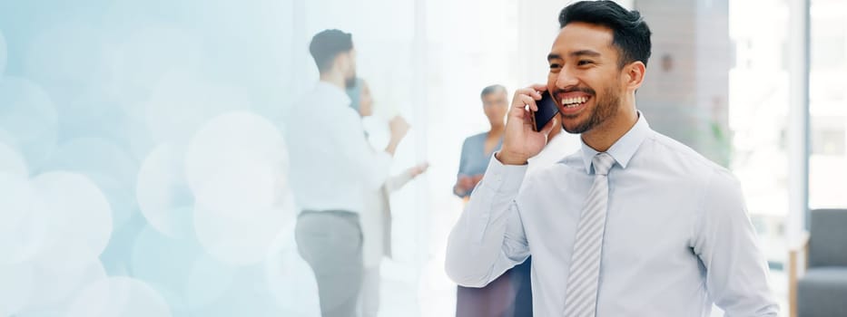 Businessman, communication and phone call with mobile networking at financial advisory startup company. Conversation, b2b and business man consulting on smartphone, talking and standing in office.