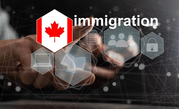Concept of immigration to Canada with virtual button pressing