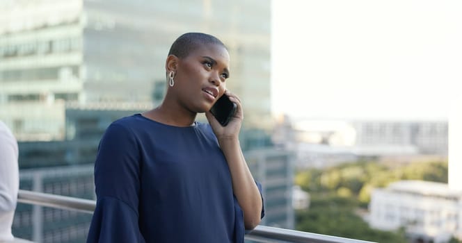 Phone call, communication and black woman at a meeting with a phone for networking, discussion and planning on a balcony. Talking, smile and employee with a mobile conversation during a work strategy.