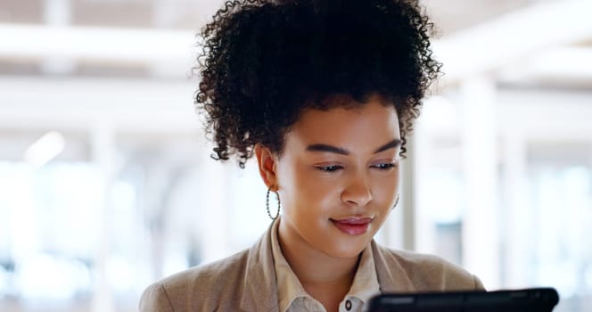 Business woman, tablet and face with focus and leadership, technology and corporate communication. Email, networking and digital marketing with seo, black woman executive typing with research online.