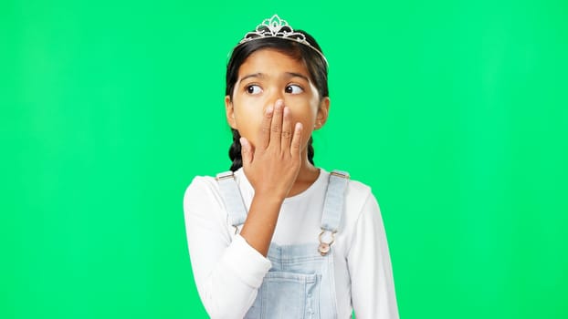 Girl, princess and shock face by green screen studio with wow, surprise and thinking in fantasy mock up. Female child, confused portrait and wonder with, tiara, mystery and hands on mouth for mockup