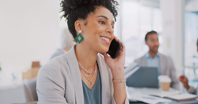 Phone call, smile or business woman in office for comic communication, networking or happy conversation. Employee, manager or female with smartphone for success, discussion or startup deal motivation