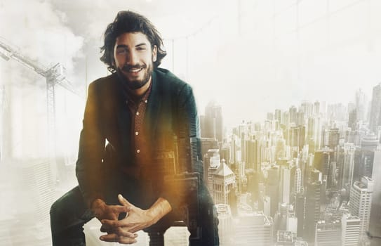 City double exposure, business man portrait and architect with a smile from success and work innovation. Architecture, ceo and businessman with buildings overlay with leadership idea and thinking