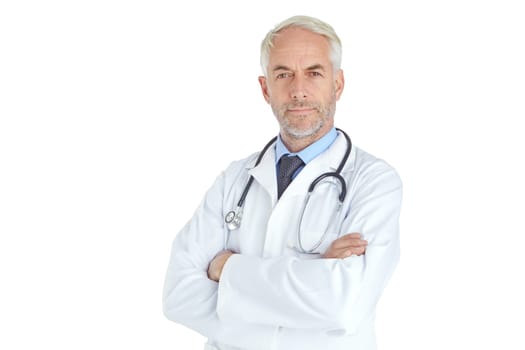 Hes a trusted healthcare professional. Portrait of a handsome mature male doctor standing against a white background.