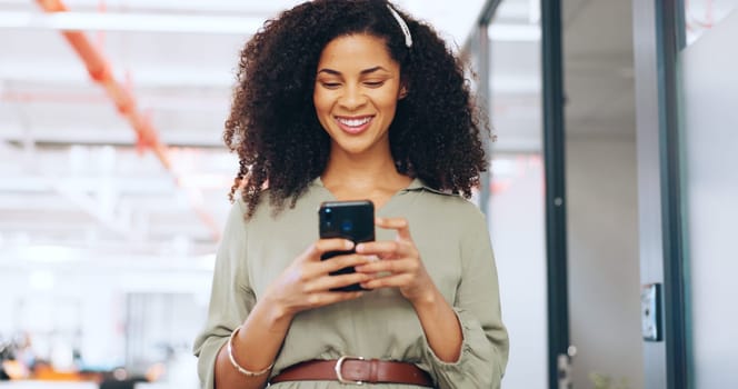 Business phone, office and black woman in smile for networking, online negotiation or email communication feedback on sales. Happy corporate employee using phone or smartphone mobile app in workspace