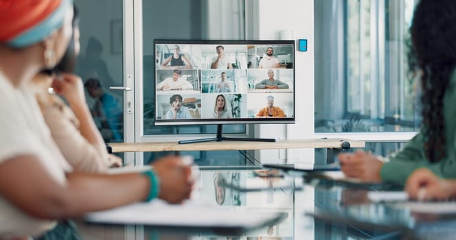 Discussion, team and video conference with screen and business people, online with business meeting and communication. Internet, webinar and online meeting, teamwork and collaboration on video call