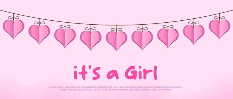 Its a girl. Welcome greeting card for childbirth with hanging hearts. Vector illustration