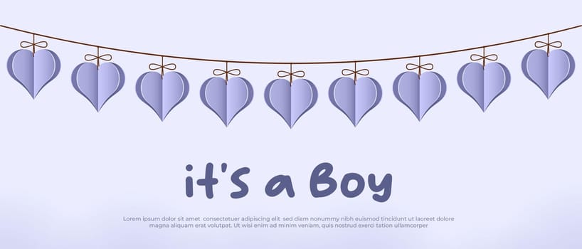 Its a boy. Welcome greeting card for childbirth with hanging hearts. Vector illustration