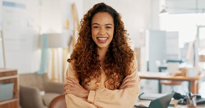 Designer, fashion and portrait of business woman with smile, laugh and happy from startup success. Excited black woman in creative workspace with successful small business in fashion design industry