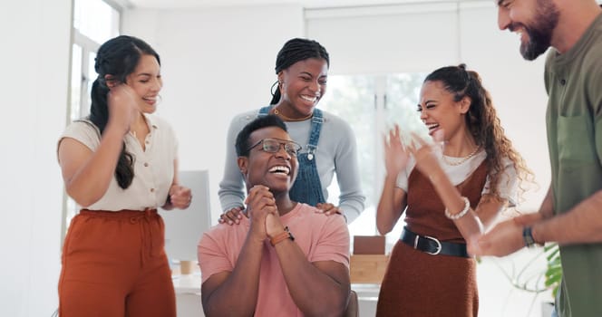 Winner, applause or happy black man with success in celebration of digital marketing sales goals or deal. Target, wow or excited worker smiles with pride to celebrate winning online at office desk