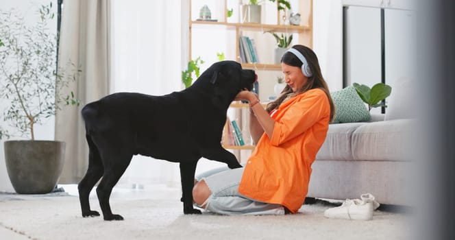 Headphones, dog licking and woman in a living room feeling puppy love from pet care in a home. House, animal and young female listening to music with happiness and bonding from labrador attention