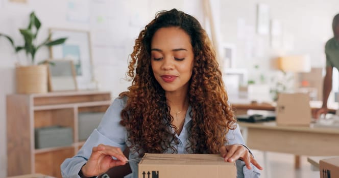 E commerce, delivery and employee packaging box, product or stock for commercial distribution, courier shipping or export. Ecommerce, retail package and black woman working in supply chain industry