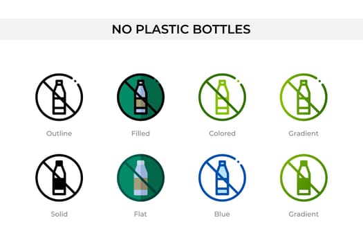No plastic bottles icon in different style. No plastic bottles vector icons designed in outline, solid, colored, filled, gradient, and flat style. Symbol, logo illustration. Vector illustration