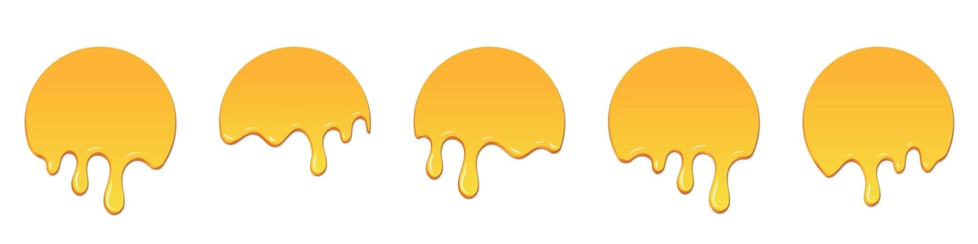 Set of honey drops. Dripping melted honey. Realistic melted honey. Honey drops. Melting honey. Yellow liquid dessert, sweet drip melt. Vector illustration