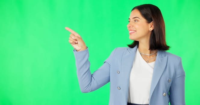 Business woman, face and pointing with green screen, list or review option by studio background. Happy businesswoman, point and portrait with mock up space for menu, checklist or decision by backdrop