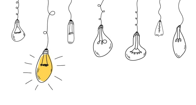 Abstract creative concept background. Hand drawn of hanging light bulbs with one shining. Concept of creative idea in simple linear style. Doodle Light bulb idea. Vector illustration