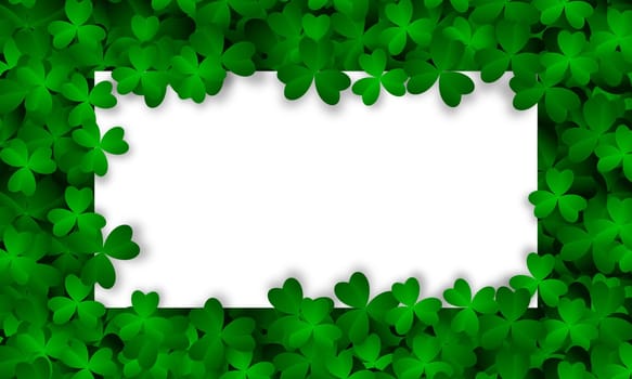 Clover leaves background with blank card. Clover leaves background. Realistic green clovers. Vector illustration