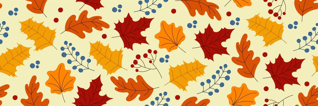 Long seamless autumn pattern with berries and leaves. Autumn seamless pattern. Charming autumn pattern. Hand drawn. Vector illustration