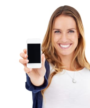 Showing phone screen, happy and portrait of a woman isolated on a white background in a studio. Smile, promotion and a young lady with a mobile in hand for connectivity, communication and branding.
