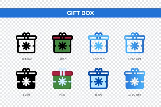 Gift box icons in different style. Gift box icons set. Holiday symbol. Different style icons set. Vector illustration