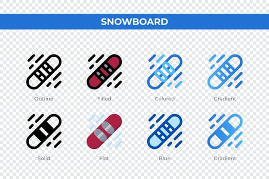 Snowboard icons in different style. Snowboard icons set. Holiday symbol. Different style icons set. Vector illustration