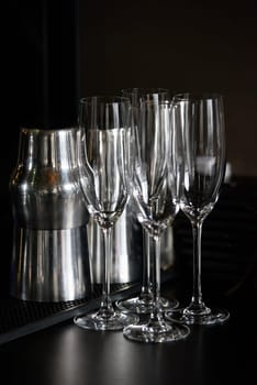 Empty Champagne glasses on a table. soft focus