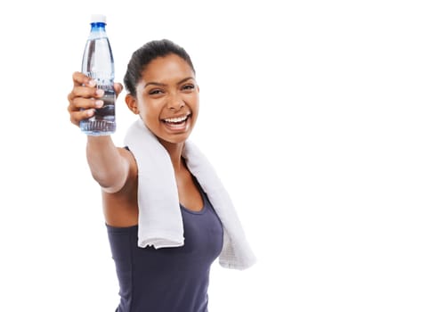 Replenishment. A young woman showing you a bottle of water after an energizing workout.