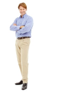 Confident in my success. Mature, attractive male in smart casual wear standing with his arms folded isolted on white.