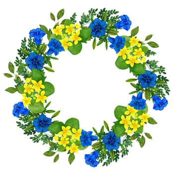 Wild flowers wreath with caltha gentian and greenery
