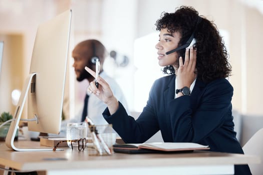 Crm, black woman and conversation of a call center, contact us and telemarketing employee. Business worker, web help and computer communication of an online consulting agent doing customer service