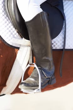 Closeup, foot and stirrup for horse riding, sport or safety with animal for race, contest or competition. Rider, equestrian or jockey leather boot for balance, grip or control for show, speed or ride