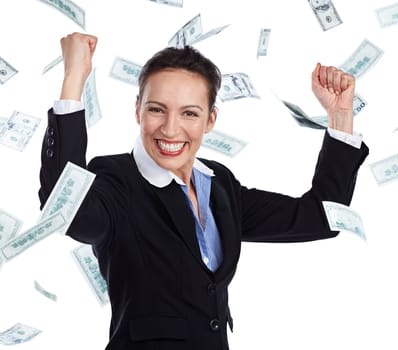 Its raining success. Cropped portrait of a businesswoman cheering as money rains down against a white background.