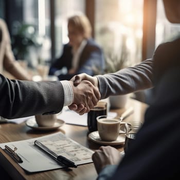 Business people, handshake and corporate meeting in recruitment for b2b, deal or agreement at office. Employees shaking hands in collaboration, teamwork or welcome for introduction, welcome or hiring