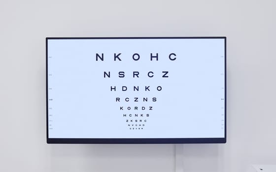 Eye chart, television and screen in hospital for optometry examination, vision and wellness. Healthcare, eyecare tv and technology with snellen chart for eyesight test, ophthalmology and eyes health.