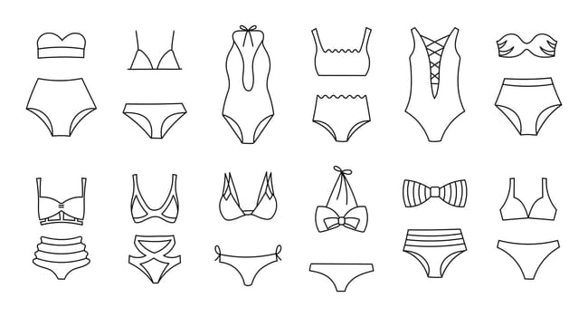 Set of hand-drawn women's bikini swimwear on a white background. Women's clothing icons, sketch, vector