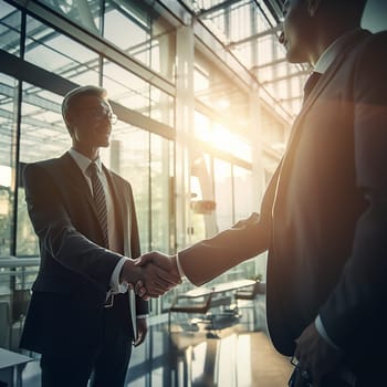 Businessman, handshake and partnership in corporate meeting for b2b, deal or agreement at office. Employee men shaking hands in collaboration, teamwork or welcome for introduction or greeting at work