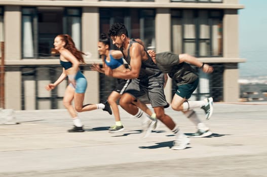 Runner, fitness and race, competitive young people and running, exercise with cardio endurance in cityscape. Diversity, men and women run, sport training and workout, active and sports lifestyle.