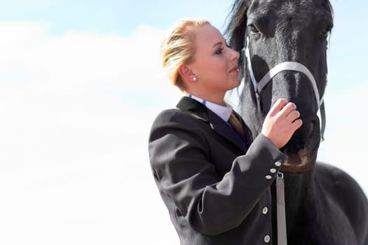 Horse, sport and woman on equestrian training and competition ground with blue sky. Outdoor, sun female competitor and show horses stable with a rider athlete and animal with mockup in nature