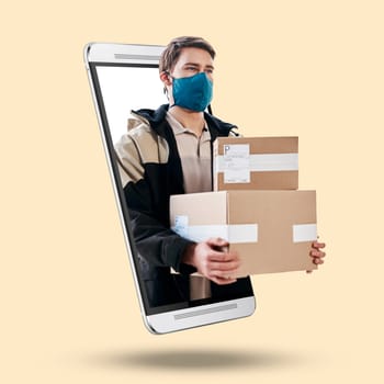 Phone, man and 3d box for delivery, logistics or face mask for safety from covid by studio background. Logistics professional, boxes or smartphone ux for product, transport or job at shipping company